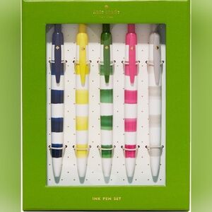 Kate Spade NY Black Ink Pen Set of 5, Rugby Stripe Plastic Click Pens, NIB.